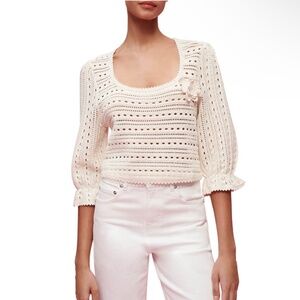 Maje Three -quarter Flutter Sleeve White Crochet Sweater Size 2 US M